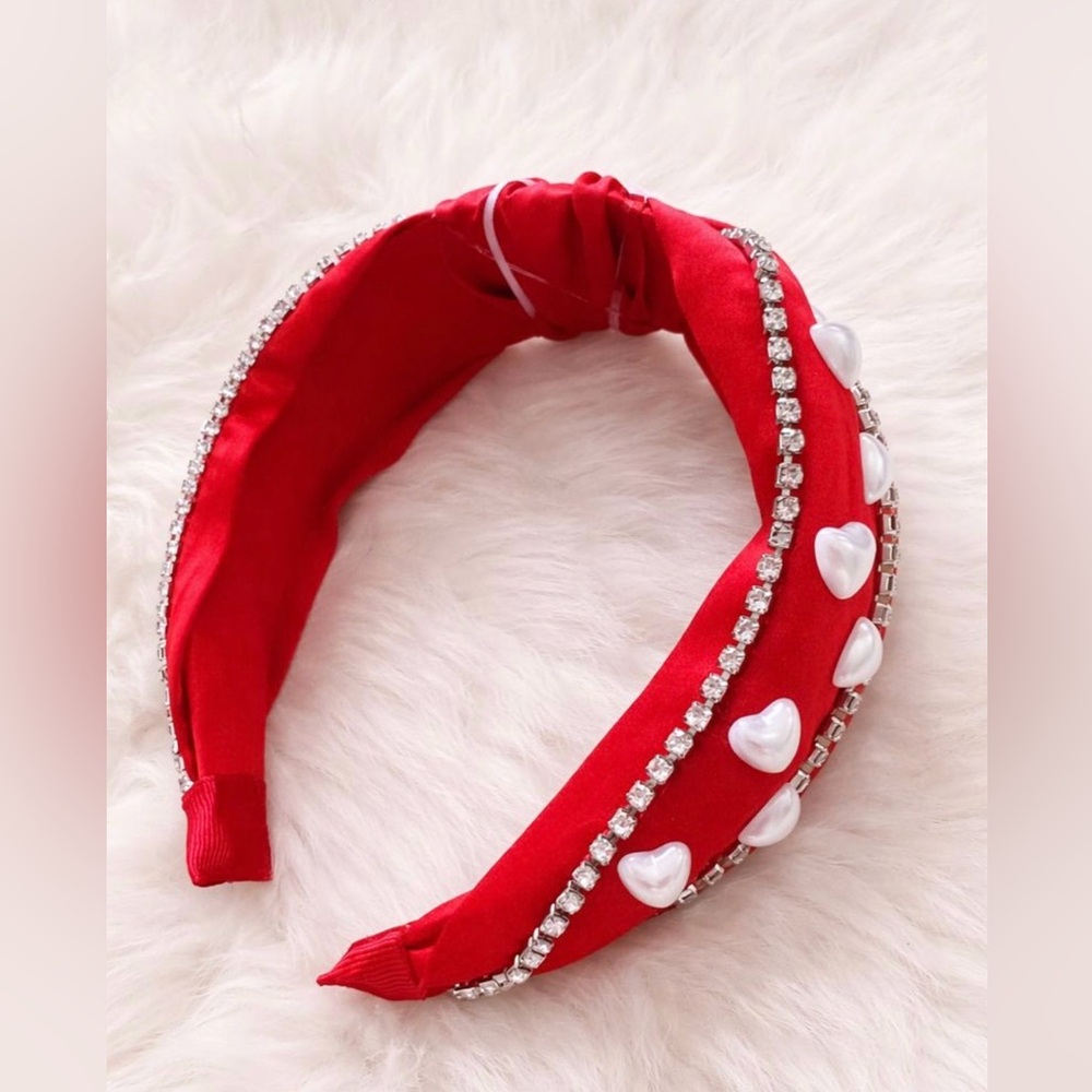 Valentine’s Day Red Statement Satin Headband Rhinestones, Pearls, and Hearts NWT